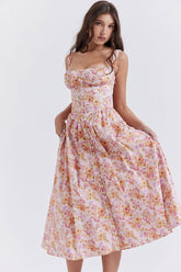 Midi-Sommerkleid mit quadratischem Ausschnitt, Knopfleiste und Schnürung, Fit & Flare, bedruckt – Blumen